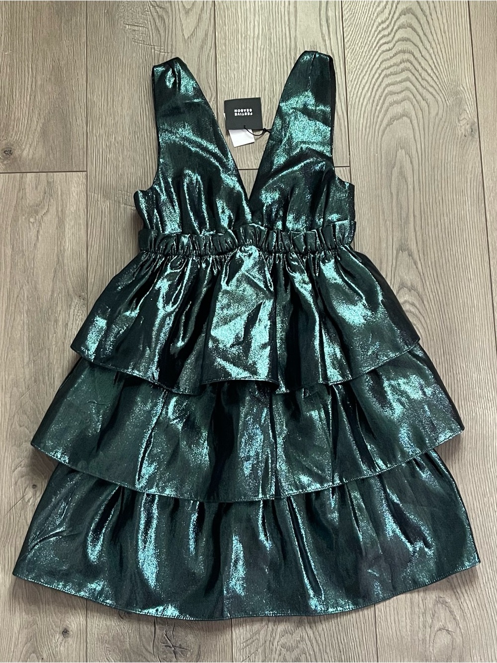 NWT ZARA Festive Season Green Metallic Tiered Ruffle V-Neck Party Mini Dress